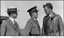 Orville Wright, Major John F. Curry, and Colonel Charles Lindbergh, who came to pay Orville a personal call at Wright Field, Dayton, Ohio, June 22, 1927