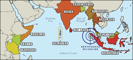 Map displaying countries affected by December 2004 earthquake