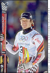 Herman Maier after winning the Super G at Nagano, 1998