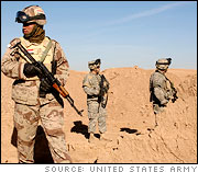 Iraqi troops and Soldiers from the 101st Airborne Division search for weapons caches on a farm near Hawijah, Iraq.