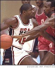 Magic Johnson drives by Angola's Anibal Moreira (Barcelona Olympics, 1992)