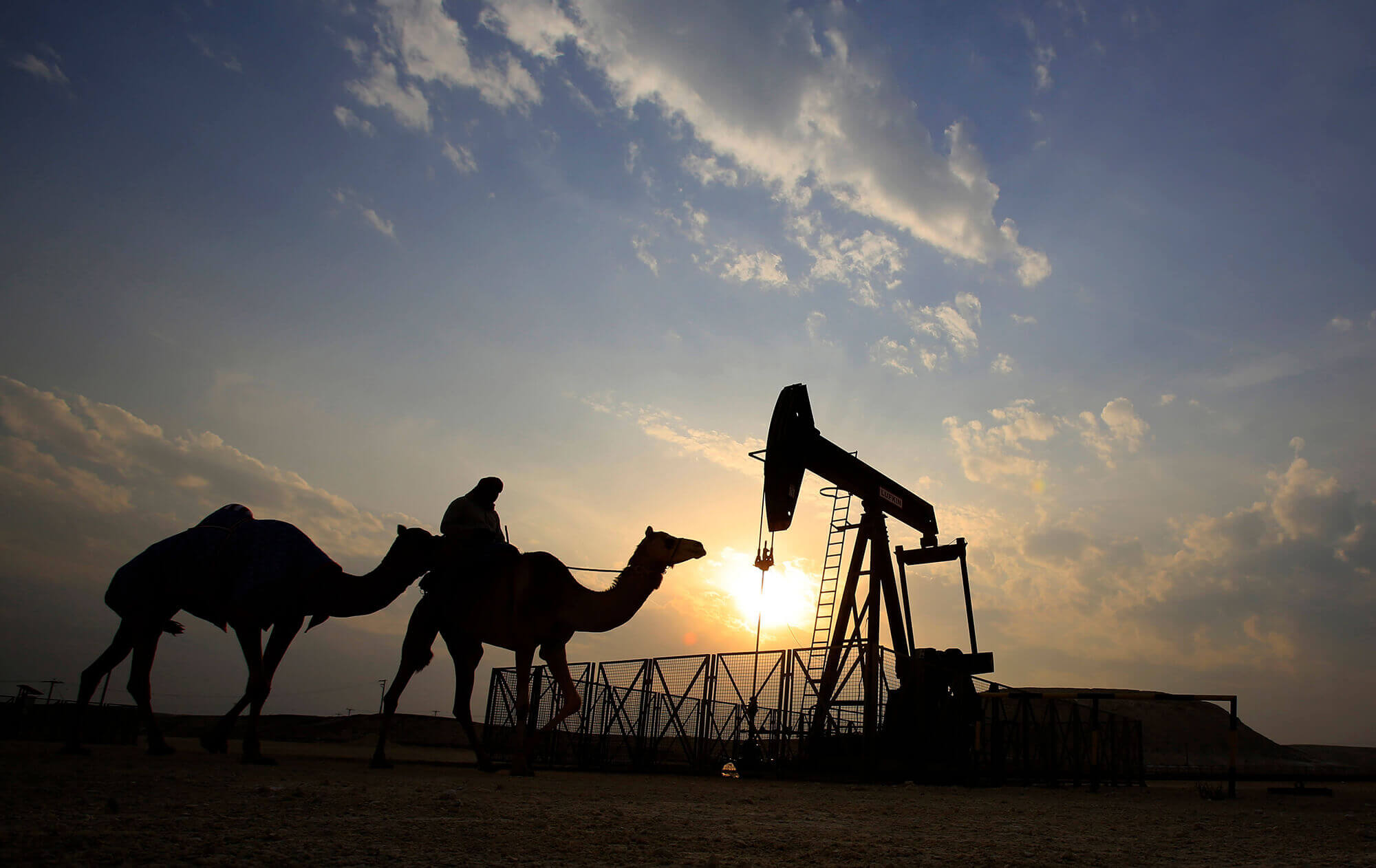 Image of oil rig with camels in distance