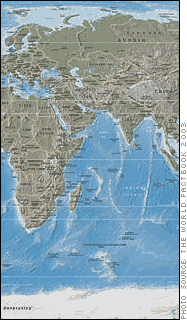 Physical World Map showing parts of Africa, Europe, The Middle East, and Asia