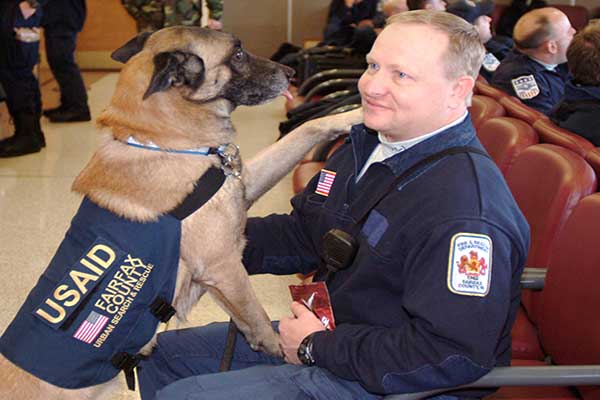 Earthquake Firefighter getting ready for duty