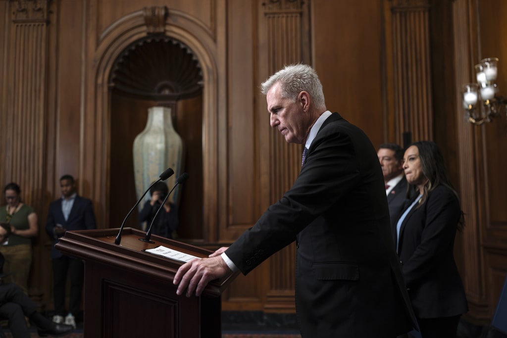 Speaker of the House Kevin McCarthy, R-Calif., pauses as he addresses reporters about efforts to pass appropriations bills and avert a looming government shutdown, at the Capitol in Washington, Friday, Sept. 29, 2023.