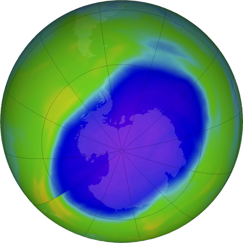 In this NASA false-color image, the blue and purple shows the hole in Earth's protective ozone layer over Antarctica on Oct. 5, 2022.