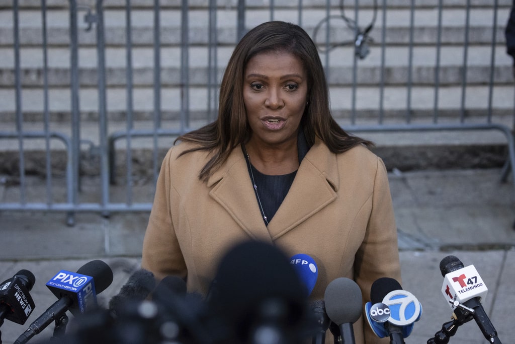 New York Attorney General Letitia James addresses the media outside New York Supreme Court, Wednesday, Nov. 8, 2023.