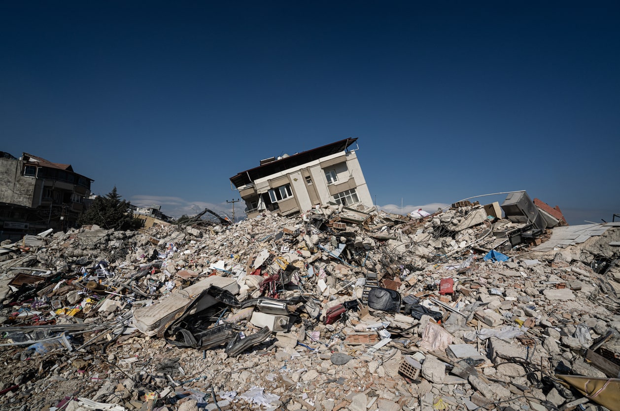 The wreckage of a collapsed building after the earthquake