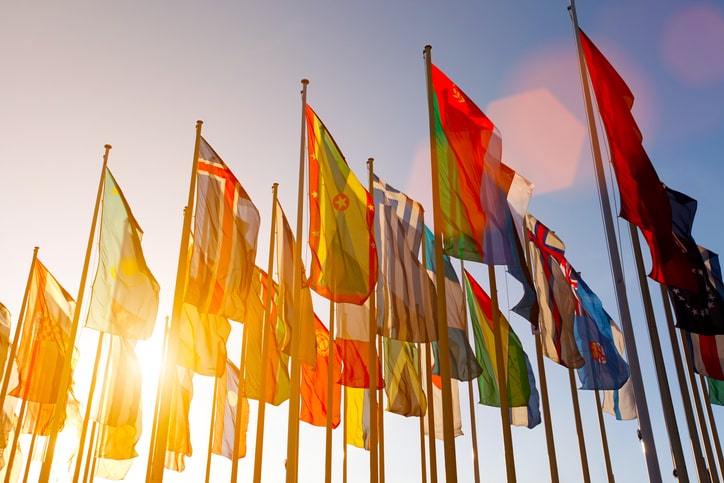 Colorful world international flags waving