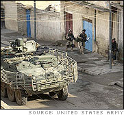 Stryker Brigade Combat Team Soldiers from Company A, 1st Battalion, 24th Infantry Regiment, 1st Brigade, 25th Infantry Division, search for insurgents during Operation Indy in Mosul, Iraq.