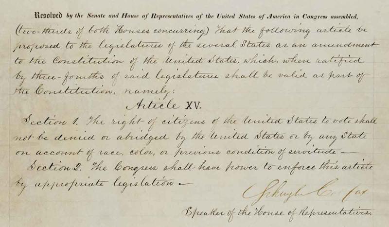 The 15th Amendment (black suffrage) passed.